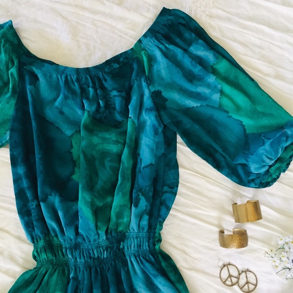 Turquoise Floral Chiffon Bell Sleeve Express Dress - Picture 2 of 5